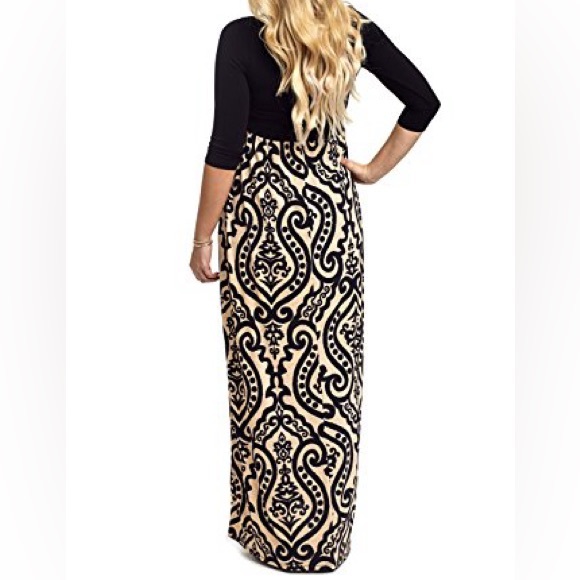 Pinkblush Maternity Black and Cream Damask Maxi Dress with 3/4 Sleeves - Picture 1 of 4